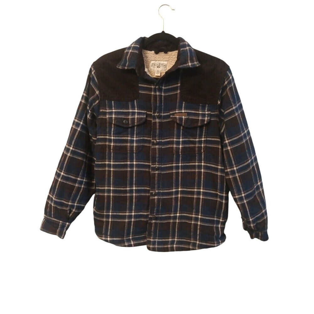 Field & Stream Mens Shirt Jacket Flannel Fleece Plaid Corduroy Patch Size S Blue